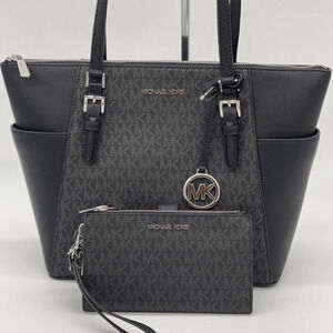 Michael Kors Large Charlotte Bag & Large Double Zip Wallet Black